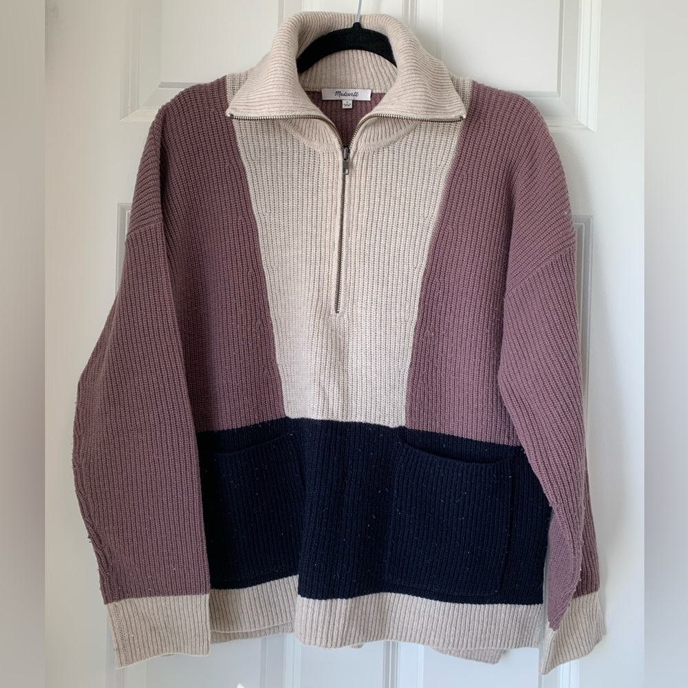 Madewell‎ Sweater Women’s Wool Blend Purple Color Block Half Zip Pullover Size S - Picture 3 of 14
